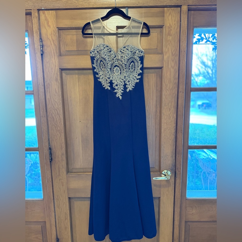 Blue and Gold Strapless Embellished Gown for Prom